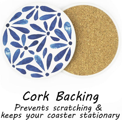 AD Set of 6 Absorbing Round Ceramic Coasters with Cork Base, Tabletop Protection Mat for Mugs & Cups (Indigo Blue)