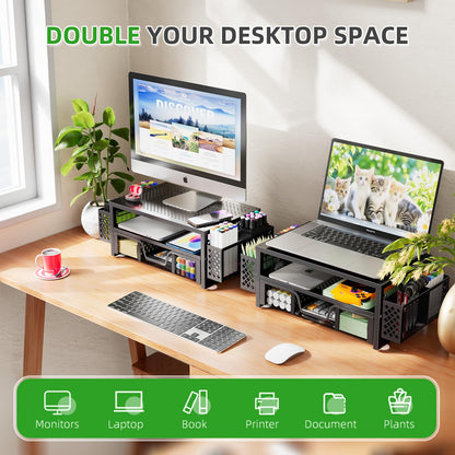 Simple Trending Desk Organizer and Accessories, 2 Tier Computer Metal Monitor Stand Riser with Drawer and Pen Holder for Laptop, Computer, iMac, Black