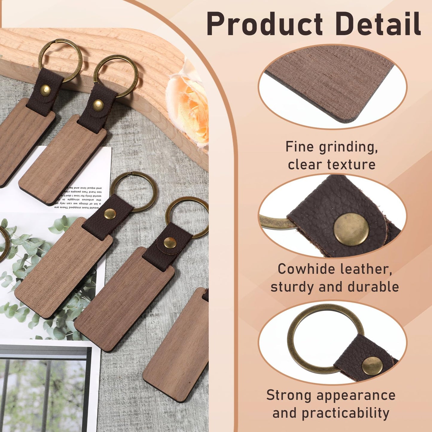 cobee 25 Pcs Leather Wood Keychain Blanks, Unfinished Wooden Keychain Blank with PU Leather Strap Laser Engraving DIY Craft Keychain Tag Gift for Him Her Employee Coworker Birthday Party New Year