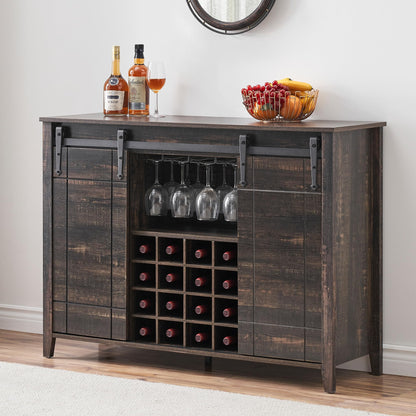 IDEALHOUSE Wine Bar Cabinet,Coffee Bar Cabinet,Farmhouse Liquor Station,Rustic Buffet Sideboard with Sliding Barn Doors,Wine & Glass Racks,Adjustable Shelves,for Living Room,Kitchen,Entryway(Fire)