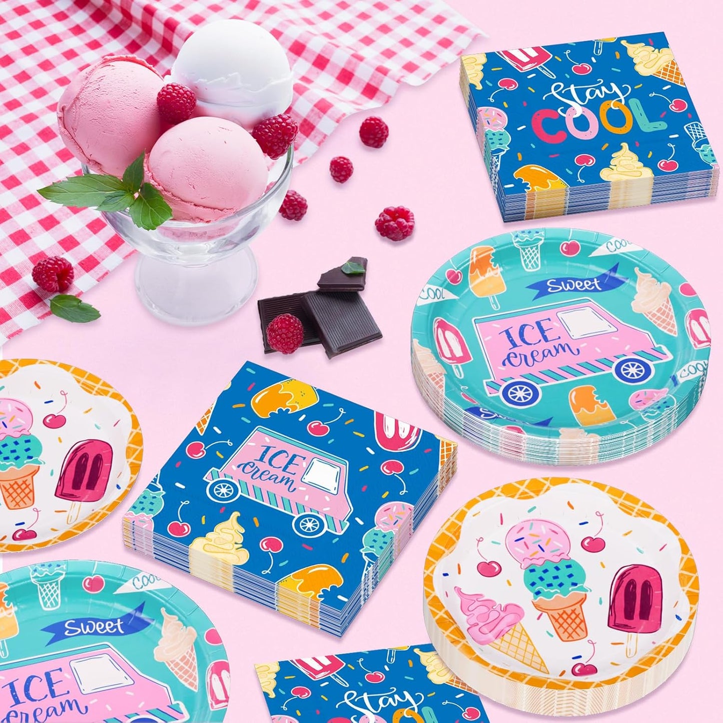 16 Ice Cream Plates and napkins Party Decorations Ice Cream Van and Popsicle Party supplies tableware bulk