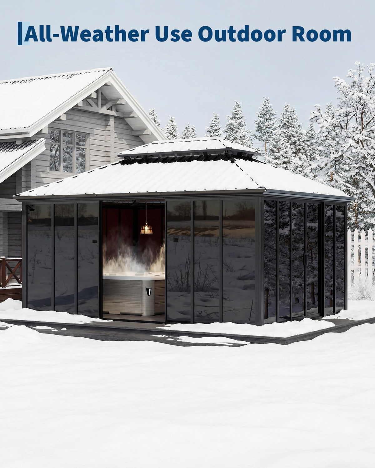 12x16ft Heavy Duty Outdoor Pavilion with Metal Frame, Permanent Solarium Sunroom Kit with PC Windows, Fully Sealed Screen Houses for Backyard, for Patio Winter Garden
