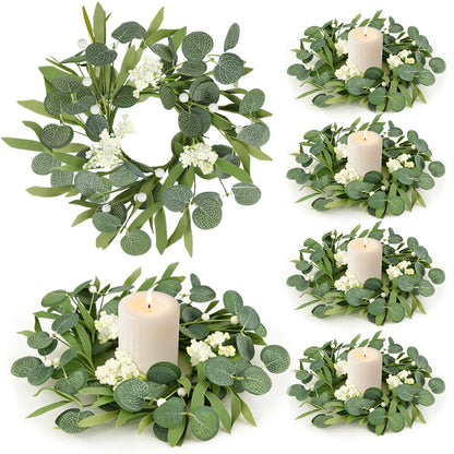 6 Pcs Green Artificial Eucalyptus Candle Rings Wreaths Mini Green Summer Kitchen Cabinet Wreath Table Centerpieces with White Berry for Pillars Farmhouse Porch Front Door Wedding Decor