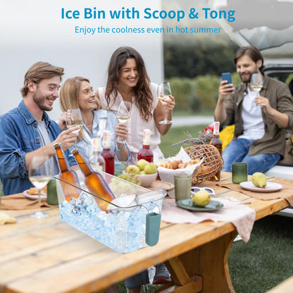 2 Pcs Ice Bin with Scoop and Tong, Ice Bucket with Handle for Freezer, 2 Sizes Clear Plastic Ice Container for DIY Drink Summer Party, 12.2 x 6.9 x 4.3 in, 12.2 x 4.9 x 4.3 in, Cyan