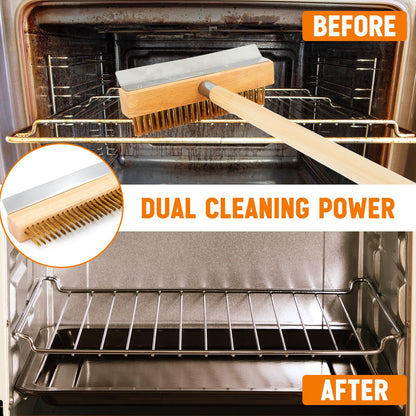 Reallnaive 2 Pack 37 Inch Wood Handle Pizza Oven Brush with Scraper Outdoor Pizza Oven Cleaning Brush Tool, Aluminum Threaded Tip, Brass Bristles with Steel Scraper