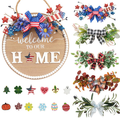 Idyllic 12 Inch Interchangeable Seasonal Welcome Sign Front Door Wreath Decor Wooden Plank with 5 Replaceable Wreaths and 12 Holiday Signs for Year Round Holiday Home Decor Front Door Fireplace
