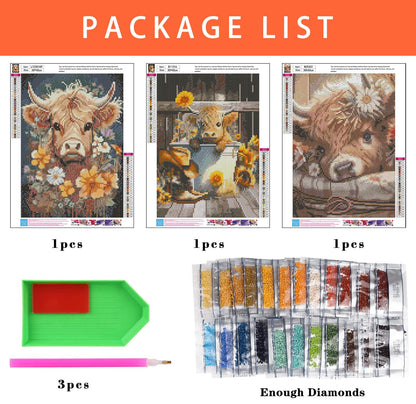 Axquilon Diamond Art Kits for Adults - 3 Pack Highland Cow Diamond Painting Kits for Adults, 5D Round Full Drill Cow Gem Art, Paint by Diamonds Pictures DIY Crafts Kits 12x16inch