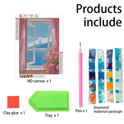 JZHYOAN Window Sea Sky 30x40cm Diamond Art Painting Kit for Adult Diamond Art for Beginners Adult 5D DIY Full Drill Round Gem Art Craft Home Wall Decor Gift Crystal Rhinestone Round Cross Stitch Kit