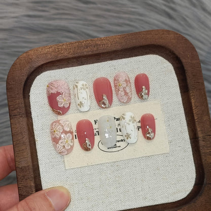 TENPAL Short Oval Press on Nails,Peach Yogurt Base Glue on Nails,Hand-Painted Cloisonné Florals False Nails Press ons,Artisan Chinese Style Fake Nails Kit,Enamel Wire Inlay Nail Art Tools 10pcs(L)