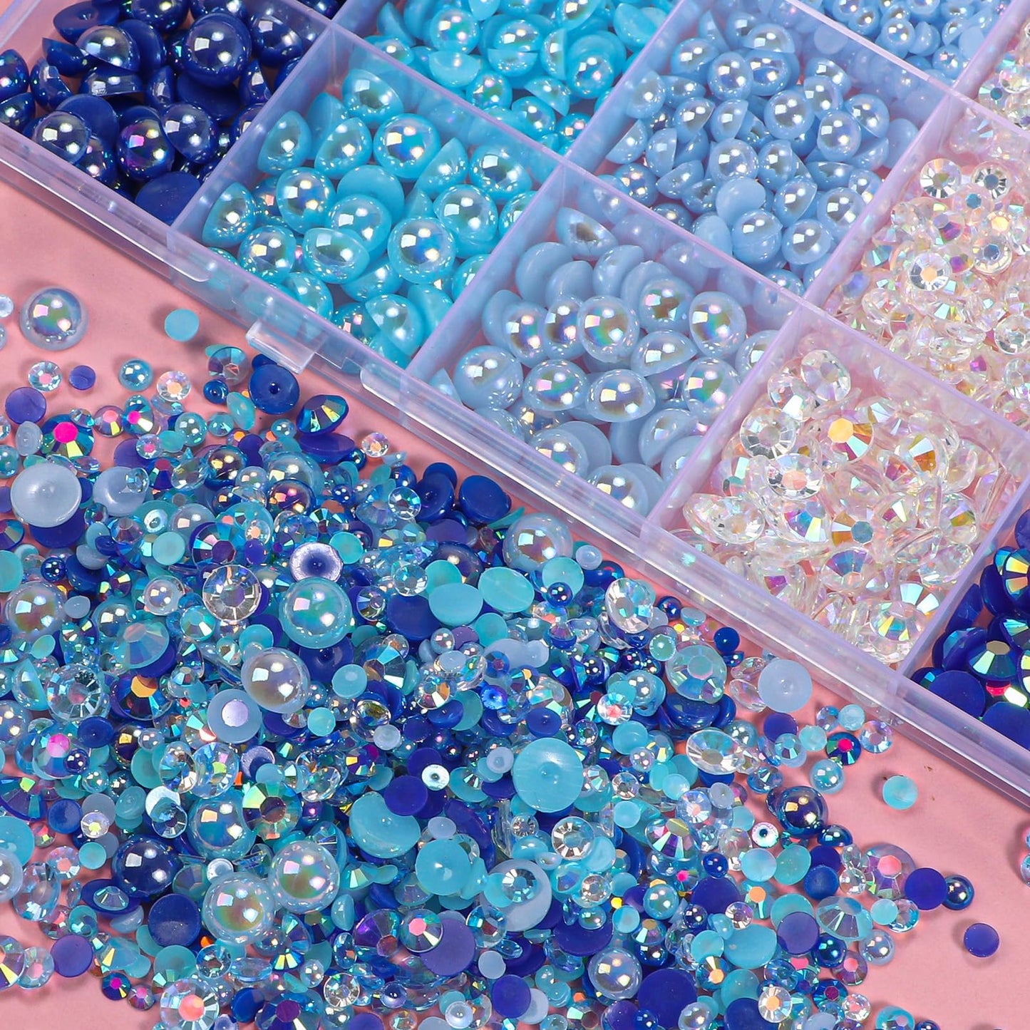 22000 Pcs Blue Flatback Pearls and Rhinestones Bedazzling Kit, Resin Rhinestones Gems for Crafting, Mixed Size Half Pearls Gems for Nails Face Eyes Makeup Bottles Shoes DIY Crafts