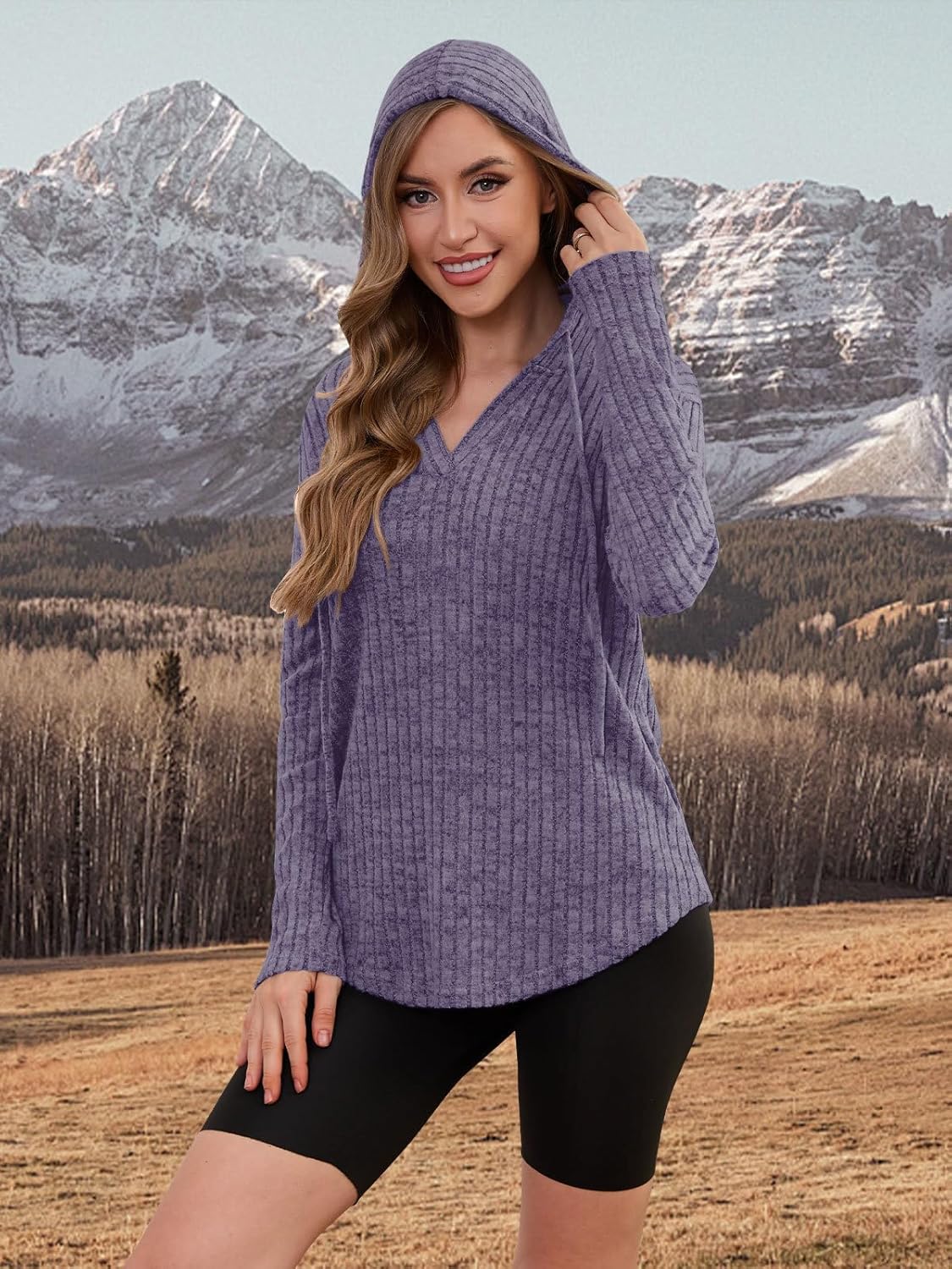 Lylinan Womens Cozy Knit Sweaters Hoodies Ribbed V Neck Pullover Sweatshirts for Fall Outfits S-XXL