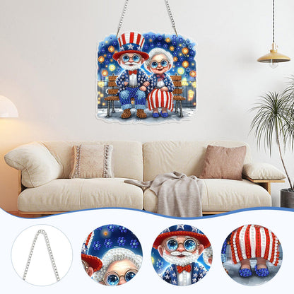 TLIOBLO Patriotic Old Couple Hanging Diamond Art and Key Chains Pendants Boards, Special Shaped Diamond Painting Hanging Sign with Chain Decoration