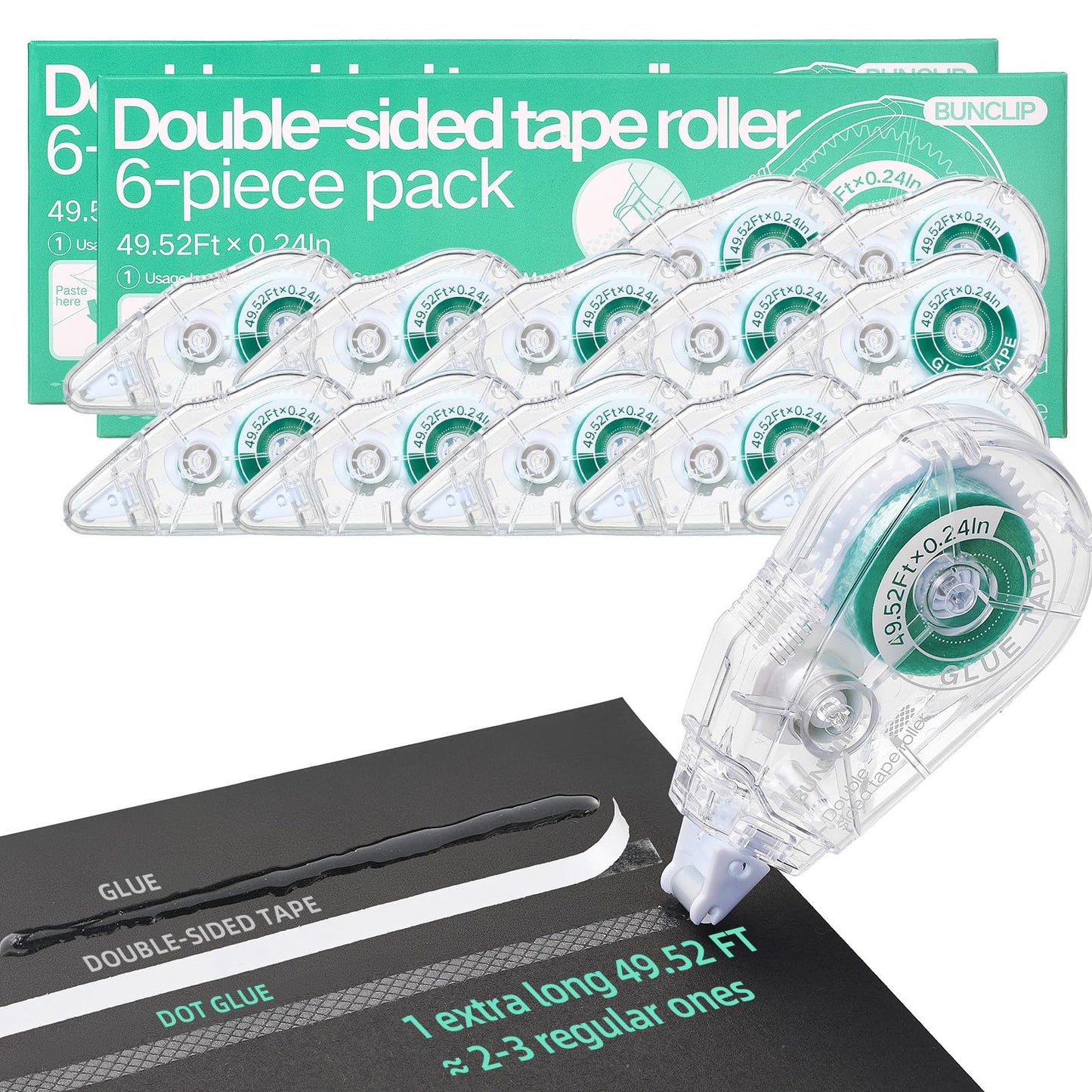 BUNCLIP Scrapbook Tape Runner Glue Tape, 12 Pack Double-Sided Tape Roller 49.52ft x 0.24in, Acid-Free & Residue-Free Adhesive for Photo Crafts, Scrapbooking, Paper Arts