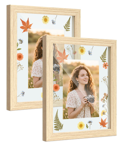 Sonefreiy Floating Picture Frames 8x10 Set of 2, Wooden Photo Frame Double Glass Pressed Flower Frames 5x7 Wall and Tabletop Display Gift for Family Friends Wedding