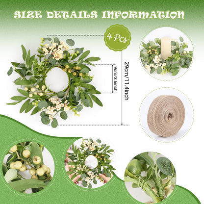 4 Pcs Green Eucalyptus Swag Wreaths for Pillars Spring Summer Kitchen Cabinet Wreaths Mini Green Berry Leaves Wreath with Ribbon for Front Door Porch Wall Window Farmhouse Decoration