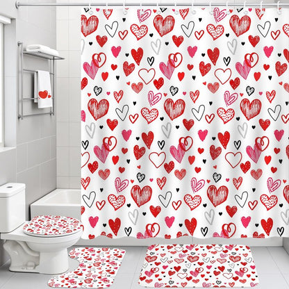 Mocsicka Valentines Shower Curtain Set for Bathroom, 4Pcs Doodle Style Red Heart Valentine Bathroom Sets with Non Slip Rugs, Toilet Lid Cover, Bath Mat, Shower Curtain, Bathroom Decor with 12 Hooks
