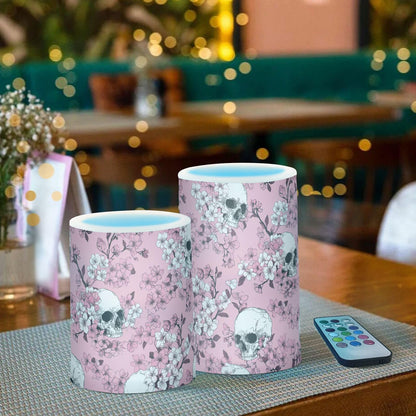 Pigsaly Flameless Candles Battery Operated Pink Cherry Blossoms White Skulls Flickering Led Pillar Candles with Remote Control Colour Changing Warm Light Candles for Halloween Christmas Wedding