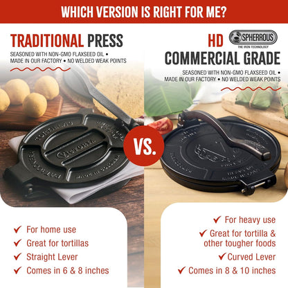 Victoria Cast Iron Tortilla Press - 8 Inch Roti Maker Seasoned with Flaxseed Oil | Traditional Black Design