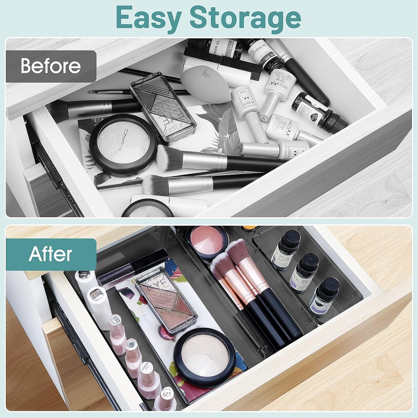 WOWBOX 6 PCS Clear Plastic Drawer Organizer Set, Desk Drawer Divider Organizers for Makeup, Jewelry, Gadgets, Black