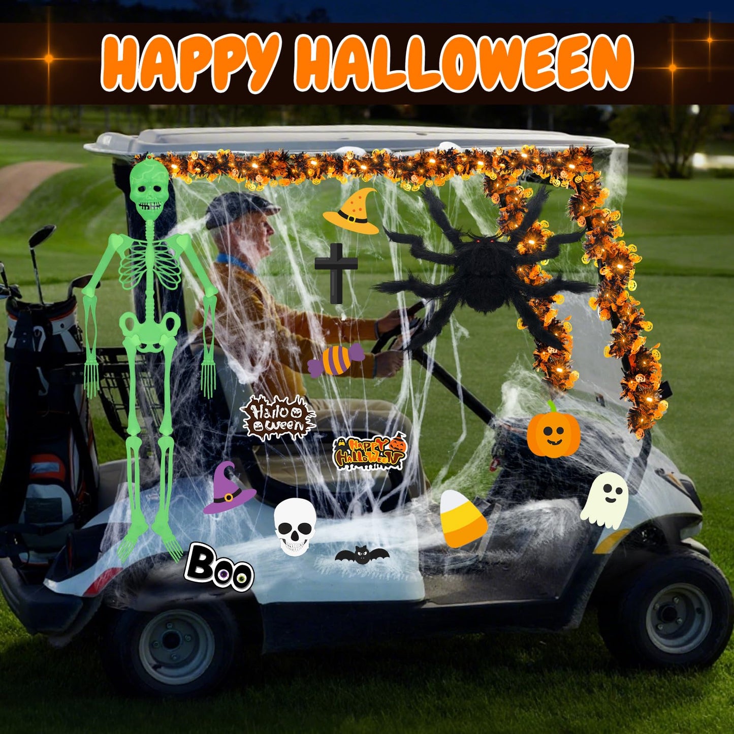 Suncalla Halloween Golf Cart Decoration Kit-Halloween Car Decorations-Skeleton Glow in Dark, Fake Spider Web, Spider, Purple Garland, Sticker for Trunk or Treat Parade Indoor Outdoor Golf Cart Party