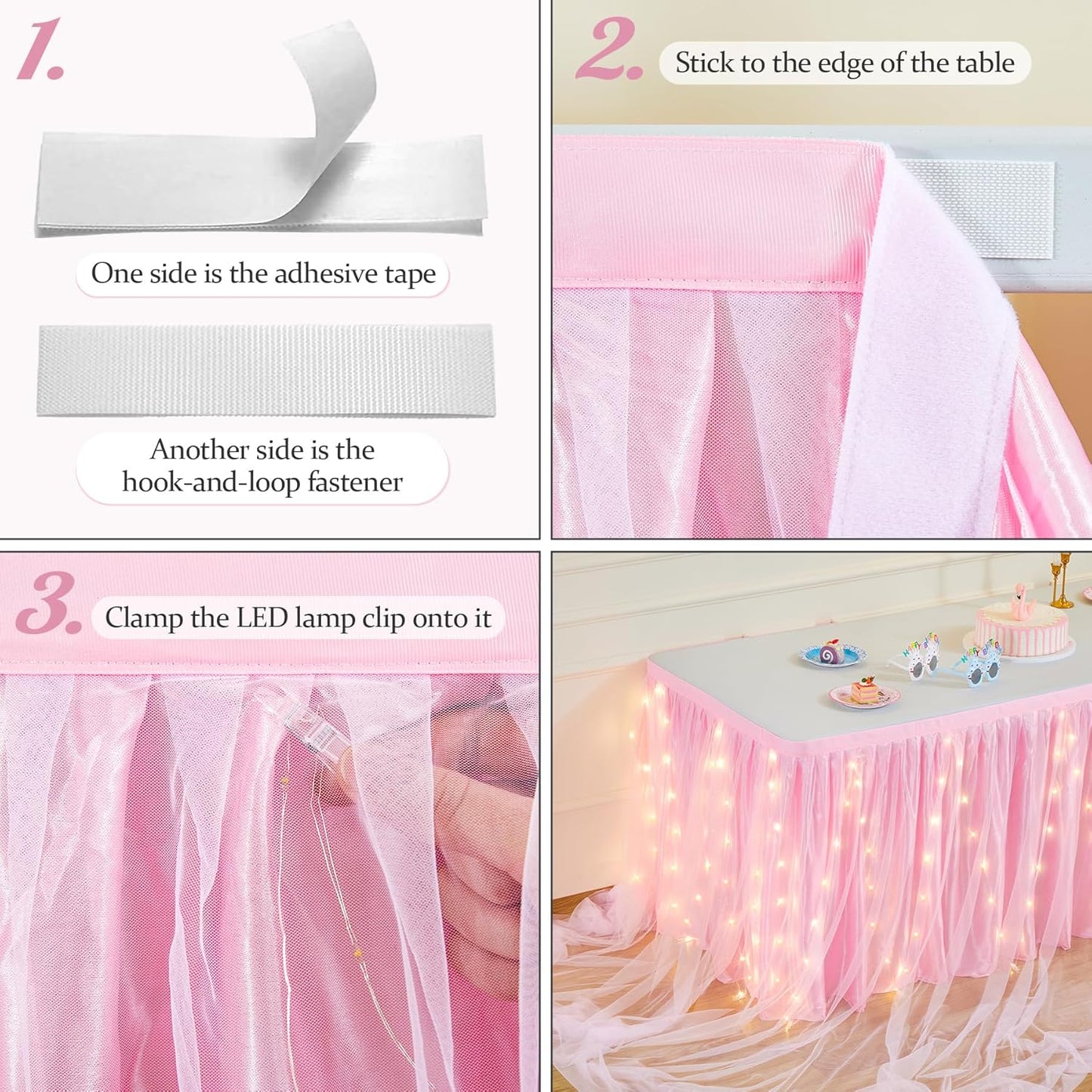 14FT Pink Tulle Table Skirt for Rectangle or Round Tables Ruffle Tulle Tutu Cloth Desk Table Skirt with LED Lights