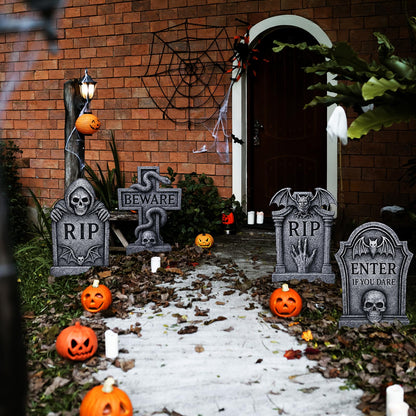 6 Pack Halloween Yard Signs Tombstone Set – 15 x 10 Inch Large Plastic Graveyard Decorations with Stakes, RIP Skull and Skeleton Tombstones for Lawn, Outdoor Haunted House and Party Decor