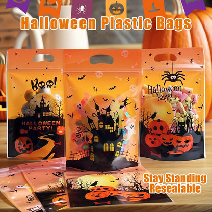 Halloween Ziplock Treat Bags 50 Pcs Goodie Plastic Bags with Zipper & Handles，Resealable Candy Bag for Trick or Treat, Party Favors, Classroom Halloween Supplies