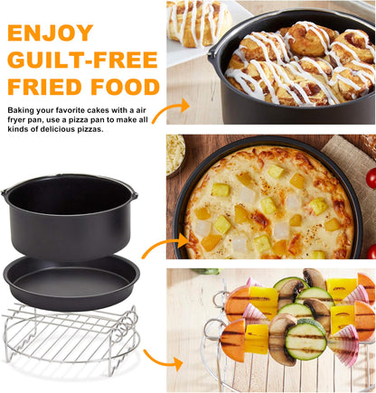 Air Fryer Accessories Set Fit for Gowise Gourmia Cozyna Ninja,Fit All 2.3qt-3.2qt Air Fryer,Kits with Skewers Silicone Mat,Pizza Pan,Cake Barrel,Non-Stick,Dishwasher Safe,Universal,6 Inch 10pcs,Black