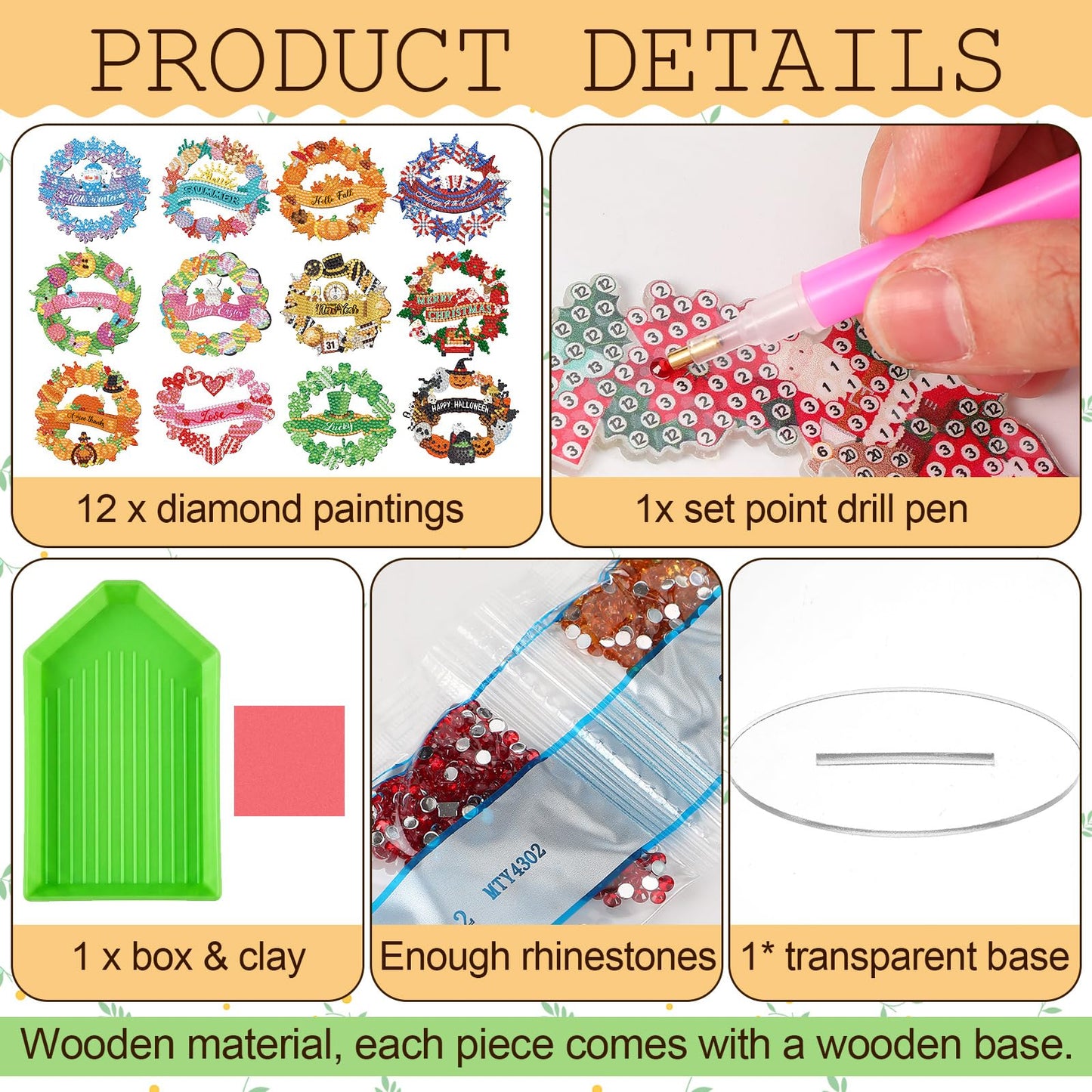 YooNotee 12 Sets Interchangeable Seasonal Diamond Art Tabletop Decorations Holiday Diamond Art Painting Kit with 12 Acrylic Base for Table Tiered Tray Decor Craft Graduation Centerpiece (Wreath)