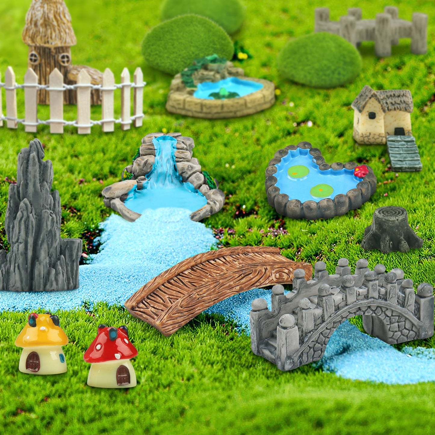 QUOZUO 21 Pcs Fairy Garden Miniatures Accessories Bridge House Landscape Water Well Fence Figurines Pond Mushroom Lawn Garden Ornament for DIY Craft Succulent Decor