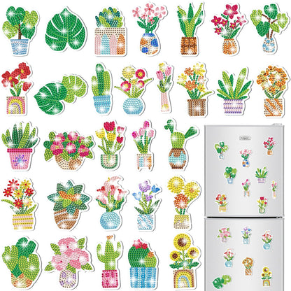 30 Pcs Flower Diamond Art Magnets, DIY Painting Kits for Refrigerator Decor, Creative Plant Pot Crafts for Adults Home Office