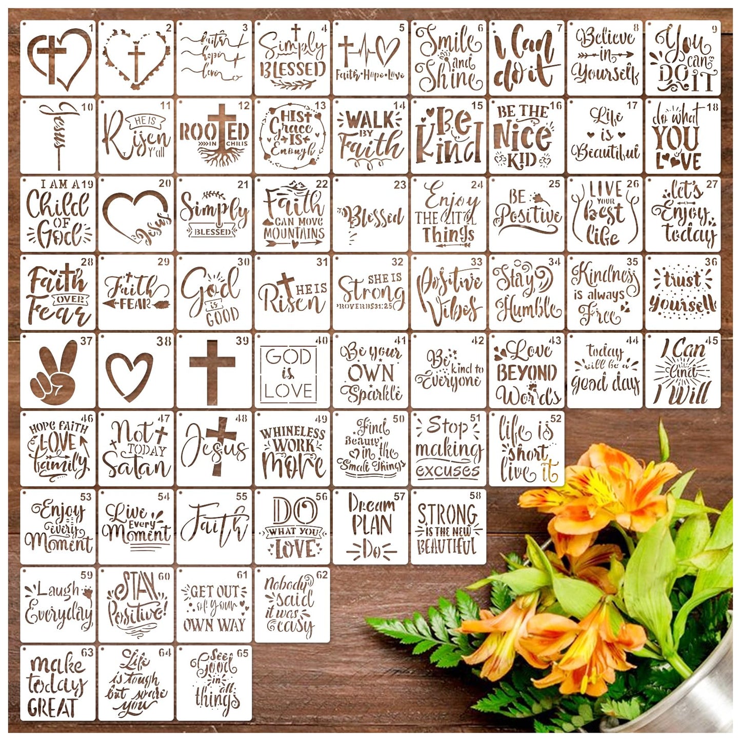 65Pcs Small Stencils for Painting on Wood BurningReusable, 3 Inch Reusable Stencil for Craft Ornament Paint Template Stencils for Wall Card Rock Wood Signs Coasters Canvas Home Decor (Bible Words)