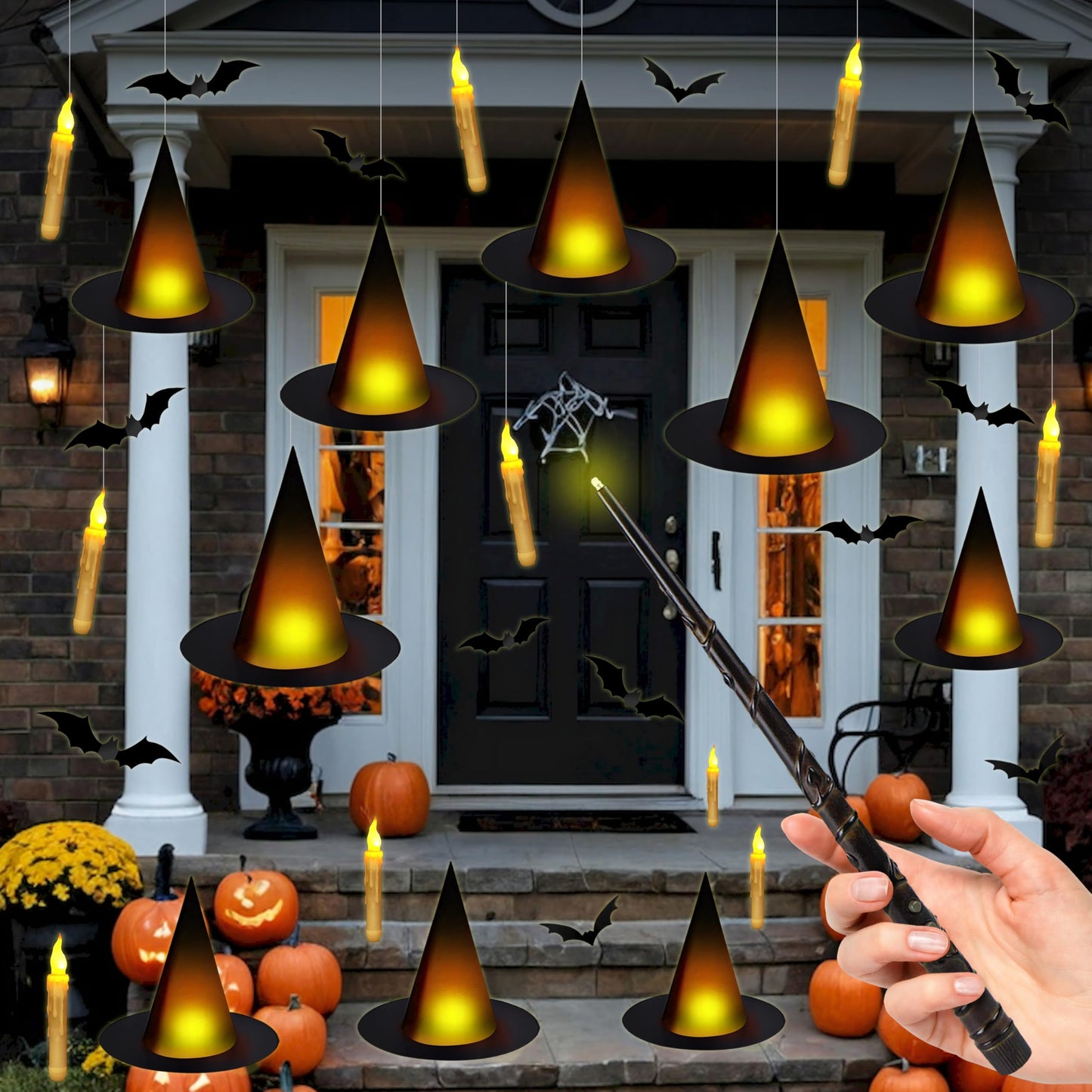 Fayoo Floating Candles with Wand, 12PCs Magic Hanging Candles, Floating Light Up Witch Hats with Flameless Candle with Wand Remote, Witch Hat 3D Bats Wall Stickers Decorations for Halloween Party