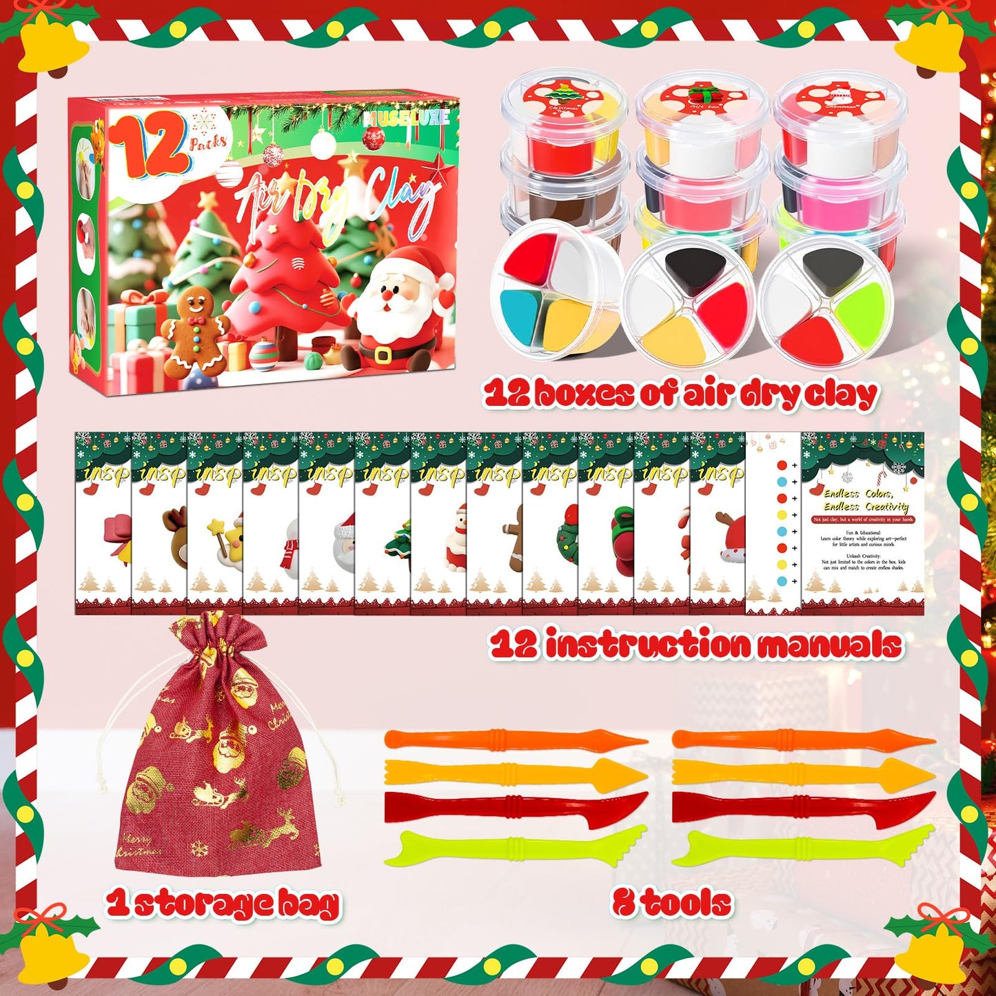 MuseLuxe Air Dry Clay - 12 Boxes Christmas Modeling Clay Kit with 8 Sculpting Tools,Safe & Non-Toxic,DIY Magic Gifts Toys for Boys,Girls,Kids