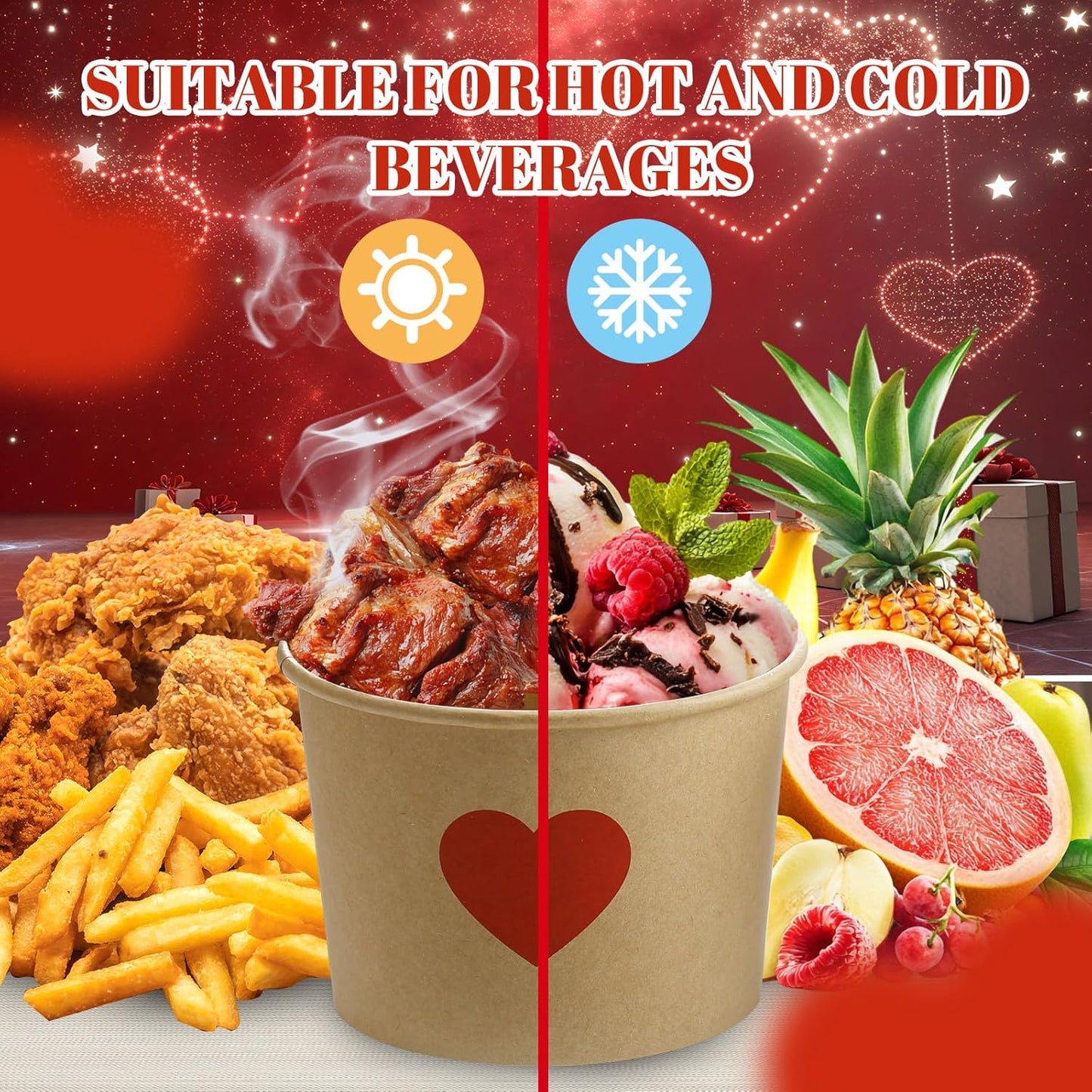 Hsei 60 16oz Pcs Valentine's Day Disposable Soup Bowls Heart Ice Cream Cups Snack Paper Bowls Dessert Sundae Yogurt