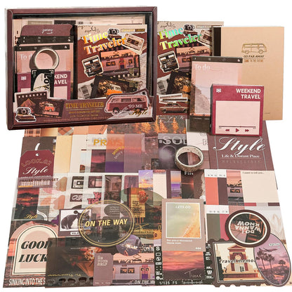 Travel Scrapbooking Supplies Kit, Holiday Aesthetic Vintage Scrapbook Kit for Bullet Junk Journal A6 Grid Notebook Stationary Journaling Supplies DIY Craft Birthday Gifts for Women Kid Teen Girl
