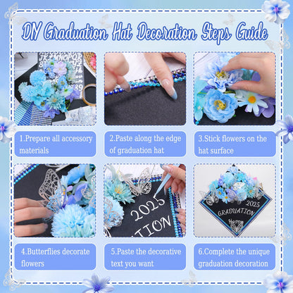 Kicpot Blue Graduation Cap Decorations Kit DIY Grad Cap Topper with Artificial Flower 3D Butterfly Rhinestones Alphabet Letter Number Stickers for 2025 Graduation Party Decorations Supplies (Blue)