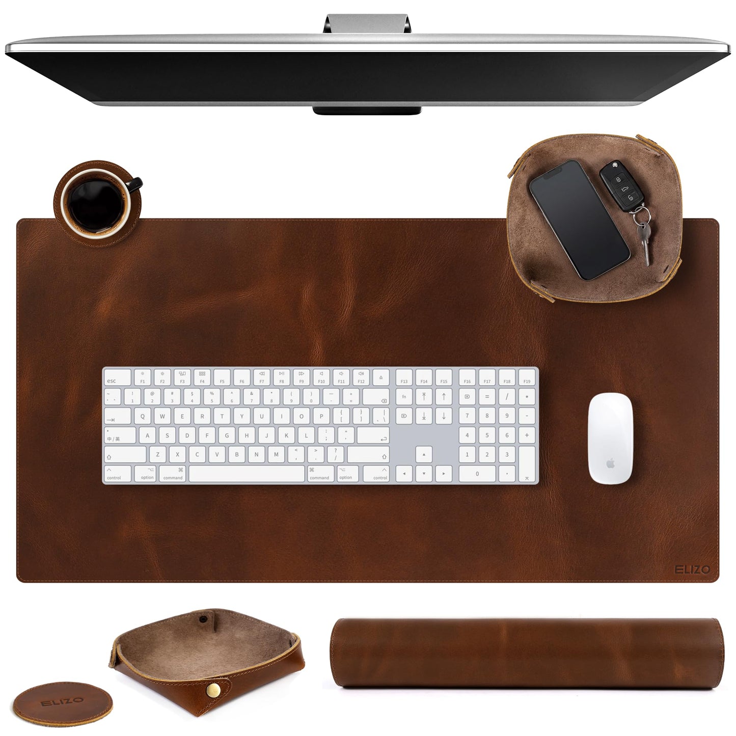 ELIZO Leather Desk Pad Real Leather Desk Mat Thick (3mm) Double Layer (32x16) Cover Blotter Desk Protector Large Computer Mat for Keyboard Mouse Pad Table Laptop Mat Office Accessories - Antique