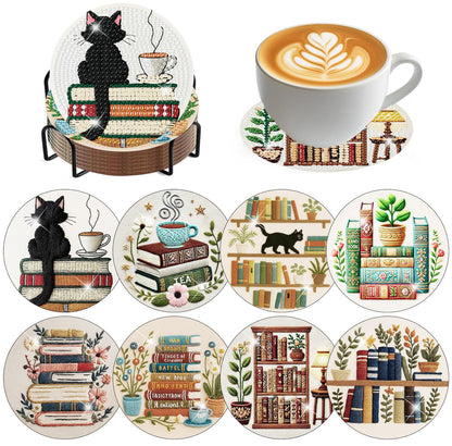 Zythron 8 Pcs Bookshelf Diamond Art Coasters Books Diamond Painting Coasters Kits DIY 5D with Holder with Holder Cork Pads DIY for Beginners, Adults, Diamond Art Kits Crafts Supplies 4x4 in