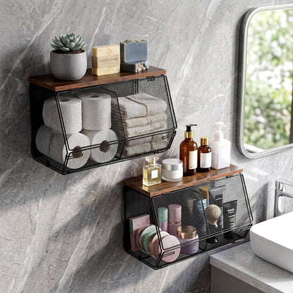 Teenyyou 2 Pcs Stackable Mesh Fruit Basket with Lid Wall Produce Vegetable Storage Basket Onion Potato Hanging Metal Wire Container for Kitchen Counter Pantry (Divided,Black,8.3"w & 13.8"L)