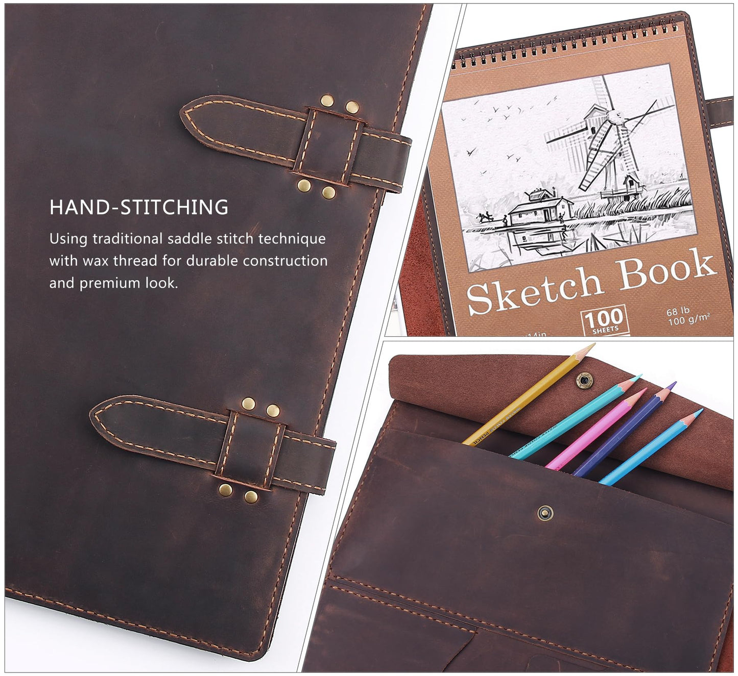 Robrasim Handmade Leather Sketchbook Cover, Artist Sketch Pad Holder for 11"X14" Top Spiral Bound Sketchbook, Drawing Book Pencil Case, Journal Portfolio with Shoulder Strap, Artist Gifts,Coffee
