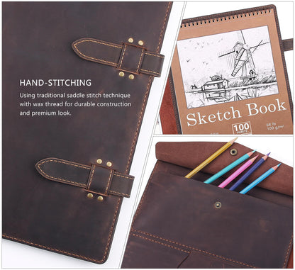 Robrasim Handmade Leather Sketchbook Cover, Artist Sketch Pad Holder for 11"X14" Top Spiral Bound Sketchbook, Drawing Book Pencil Case, Journal Portfolio with Shoulder Strap, Artist Gifts,Coffee