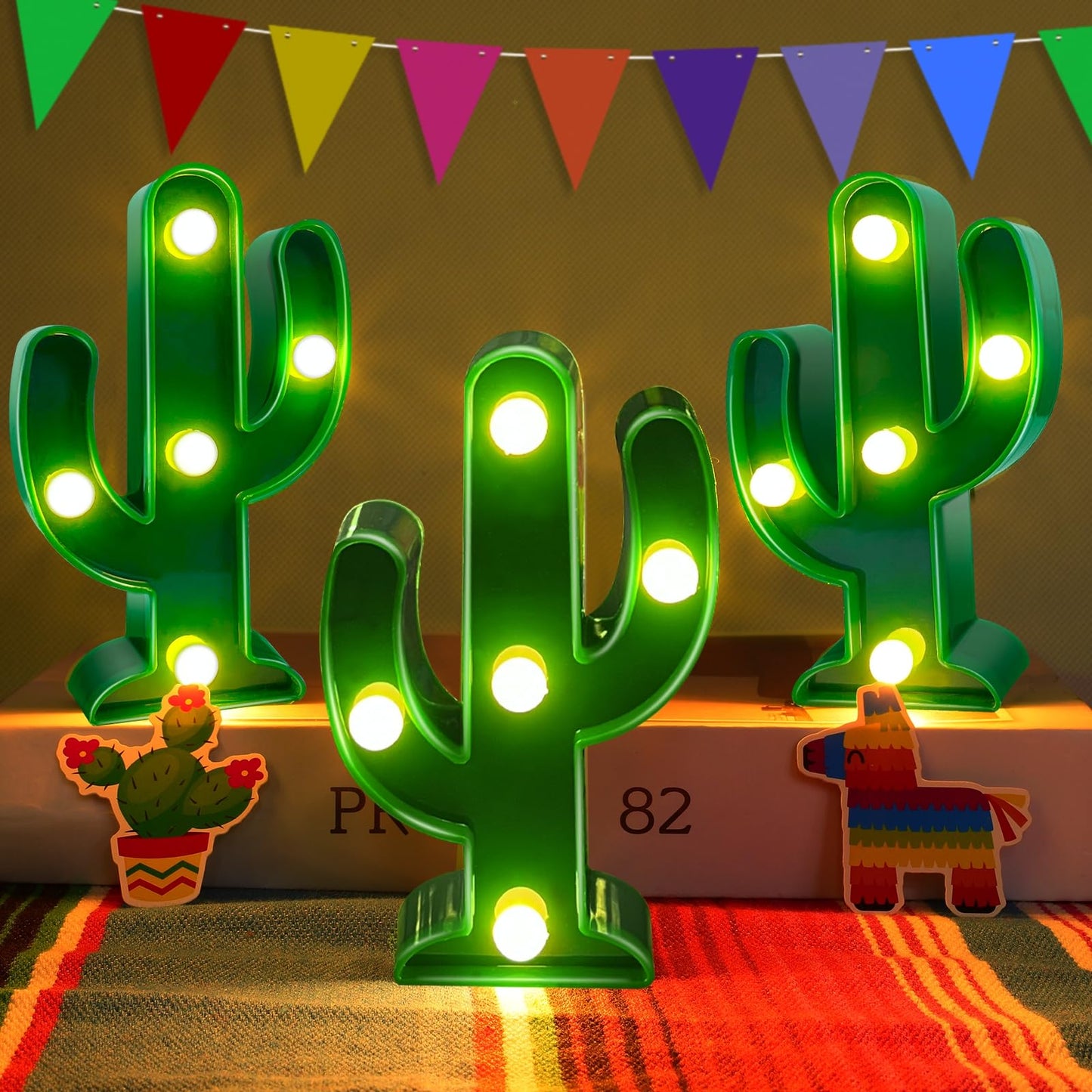 TURNMEON 3 Piece Cactus Decor LED Cactus Light Cinco De Mayo Decorations, Fiesta Mexican Party Decorations Green Cactus Night Light Table Lamps for Kid's Room Bedroom Home Decor (4.72 x 2.76 Inch)