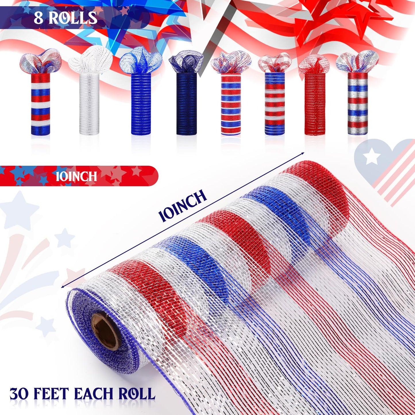 Newwiee 8 Rolls Patriotic Mesh Ribbon for Wreaths 10 Inch x 30 Feet Each Roll Veteran Decor Red White Blue Mesh Ribbon Metallic Foil 4th of July Decoration DIY Crafts Making Supplies