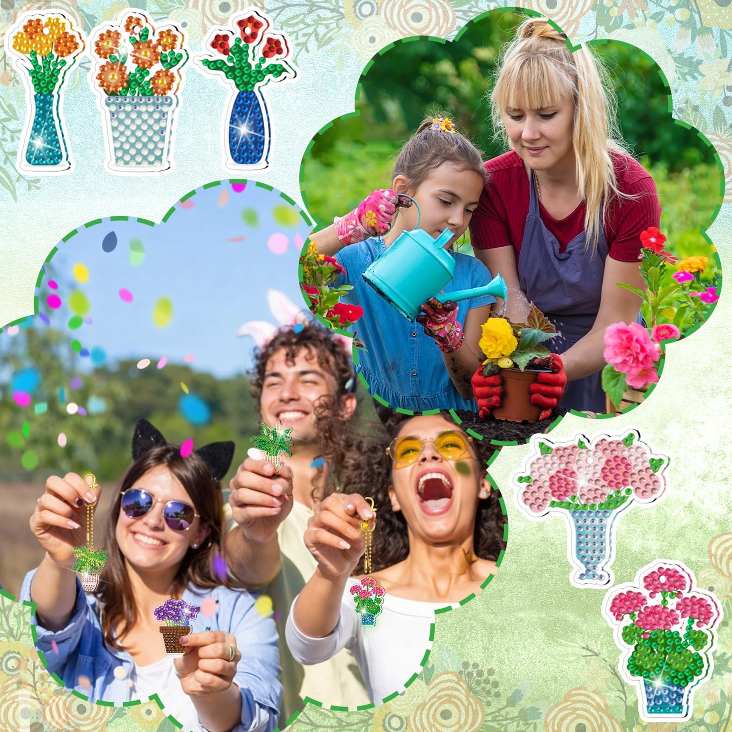 Huquary 60 Pcs Diamond Art Keychains Potted Plants Diamond Painting Keychain Kits for Adults Double Sided 5d Rhinestones Spring Hanging Key Chains Ornaments for Beginners DIY Crafts Party
