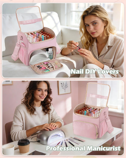 Prokva Nail Polish Organizer Bag Holds 42 Bottles(15ml/0.5 fl.oz), Double Layer Nail Storage Case for Gel Polish and Manicure Tools, Travel Nail Bag, Pink
