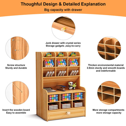 Marbrasse Wooden Desk Stationary Organizer, Multi-Functional Pen Holder, Storage Rack for School Home Office Art Supplie (B16-Cherry Color)