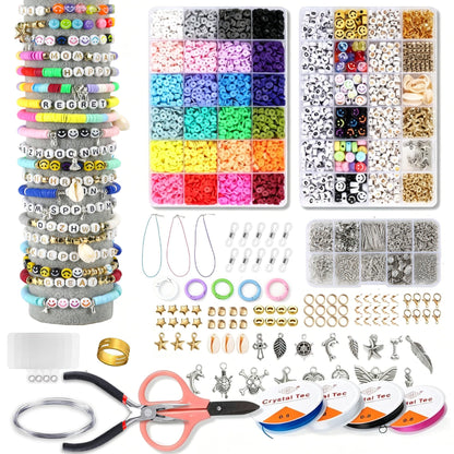 GANKTOWCOY 8500 Pcs Clay Beads Bracelet Making Kit, 24 Colors Flat Polymer Heishi Beads for Jewelry Making, Preppy Friendship Bracelet Kit with Letter Beads & Charms