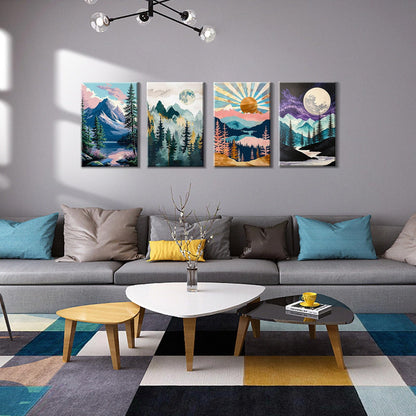 JOOZ 4 Pack Framed Paint by Numbers Kit for Adults, Mountain Sunset Paint by Number with Easel, DIY Moon Lake Adult Paint by Number Kits on Canvas, Landscape Oil Painting Kit for Home Decor 8x12 Inch
