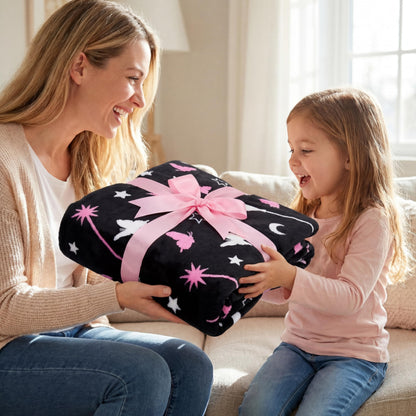 Hillsuren Glow in the Dark Witch Theme Blanket Black Broom Pink Magic Wand Flannel Throw Blanket 50 x 60 Inch for Girls Fun Sofa Bed Gift Decoration